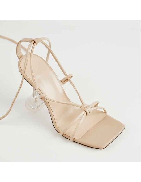 Beige Open Toe Strap Tapered High Heel Sandals