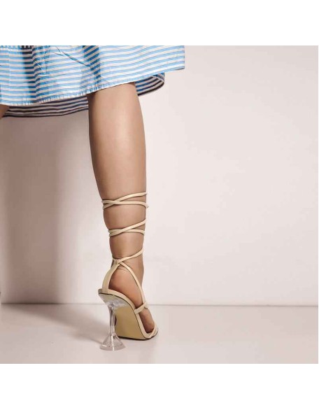 Beige Open Toe Strap Tapered High Heel Sandals
