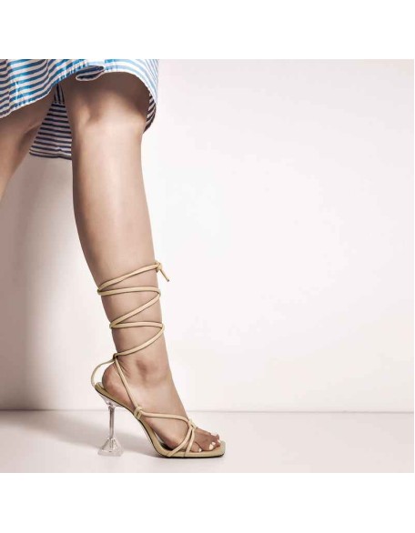 Beige Open Toe Strap Tapered High Heel Sandals
