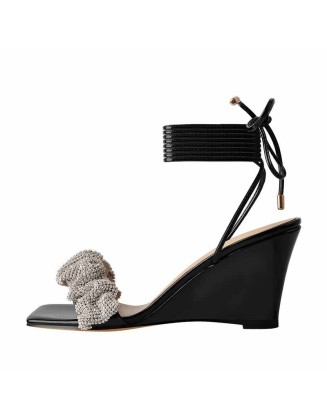Black Strap Rhinestone Wedge Heel Sandals