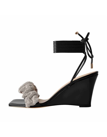 Black Strap Rhinestone Wedge Heel Sandals