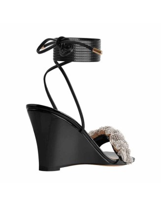 Black Strap Rhinestone Wedge Heel Sandals