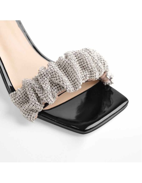 Black Strap Rhinestone Wedge Heel Sandals
