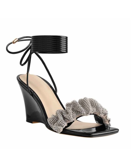 Black Strap Rhinestone Wedge Heel Sandals