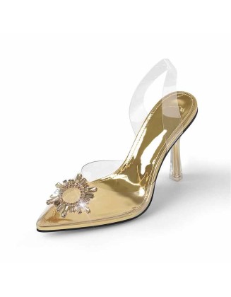 Gold Sun Pointed Toe Clear Stiletto High Heel Sandals