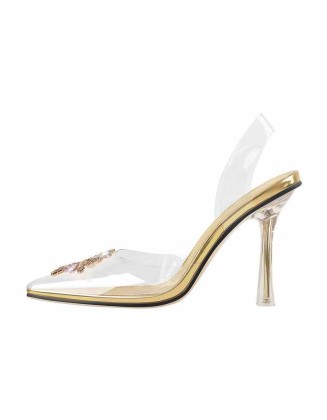 Gold Sun Pointed Toe Clear Stiletto High Heel Sandals