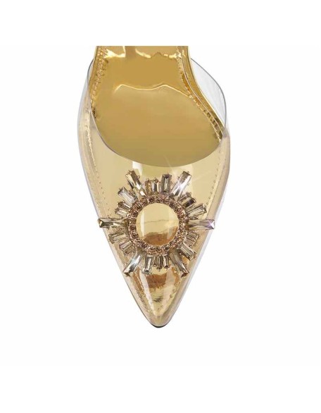 Gold Sun Pointed Toe Clear Stiletto High Heel Sandals