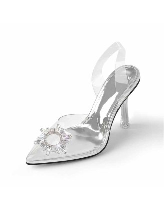 Silver Sun Pointed Toe Clear Stiletto High Heel Sandals