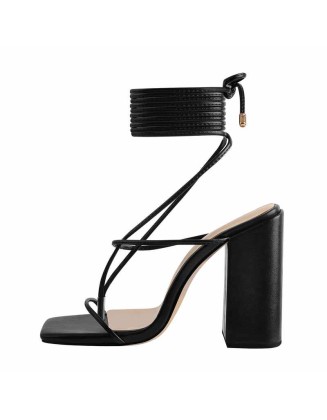 Black Ankle Strap Square Toe Chunky Heels Sandals