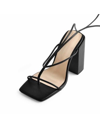 Black Ankle Strap Square Toe Chunky Heels Sandals