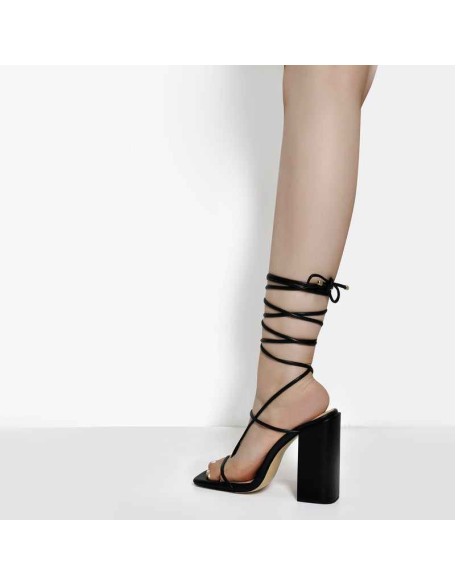 Black Ankle Strap Square Toe Chunky Heels Sandals