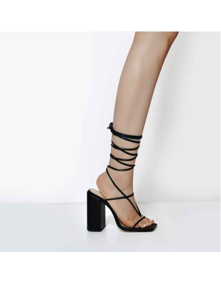 Black Ankle Strap Square Toe Chunky Heels Sandals