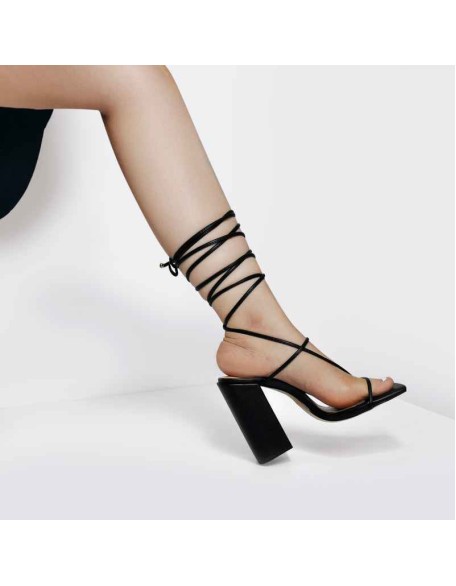 Black Ankle Strap Square Toe Chunky Heels Sandals