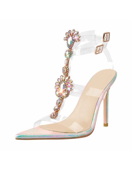 Colorful Pointed Toe Rhinestone Clear Stiletto Heel Sandals