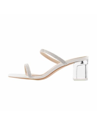 White Rhinestone Strap Lucite Clear Block Chunky Perspex High Heels Sandals
