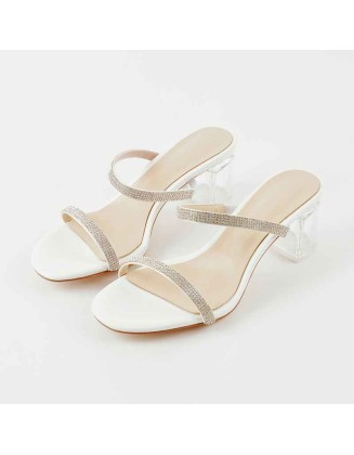 White Rhinestone Strap Lucite Clear Block Chunky Perspex High Heels Sandals