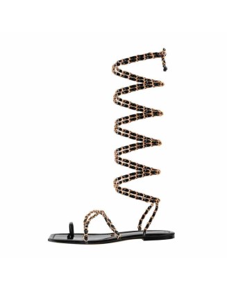 Metal Chain Black  Flat Sandals