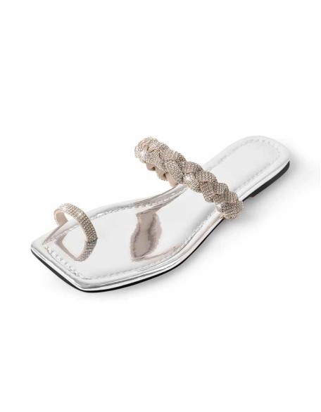 Silver Rhinestone Flat Sandals Mules