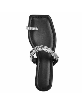Black Rhinestone Flat Sandals Mules