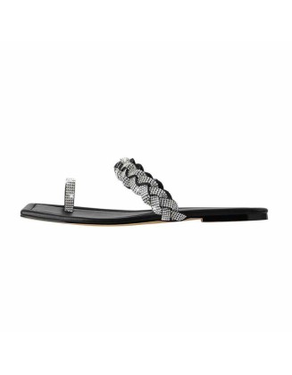 Black Rhinestone Flat Sandals Mules