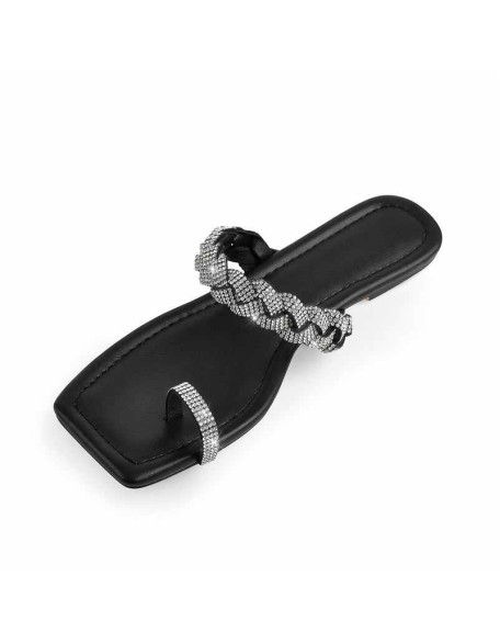 Black Rhinestone Flat Sandals Mules