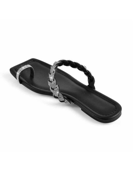 Black Rhinestone Flat Sandals Mules