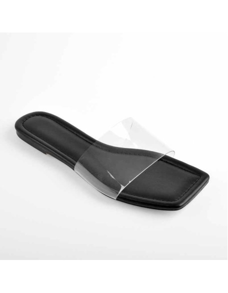 Clear Band Black Flat Sandals Mules