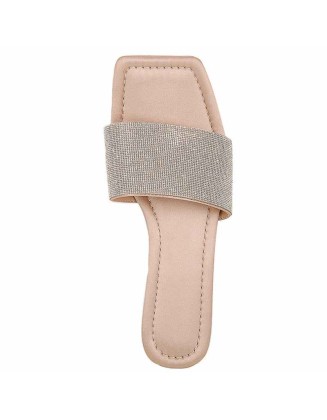 Rhinestone Apricot Flat Sandals Mules