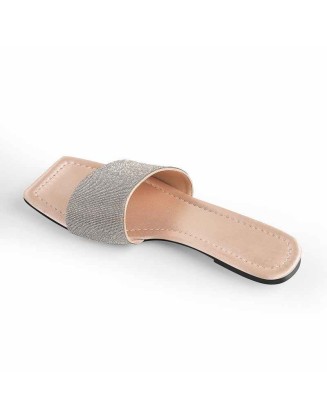 Rhinestone Apricot Flat Sandals Mules