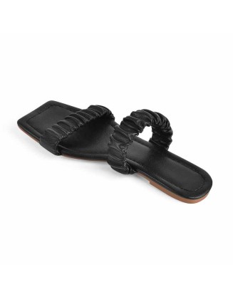 Black Elastic Flat Sandals Mules