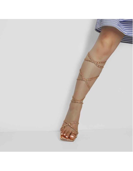 Rose Gold Metal Chain Flat Sandals