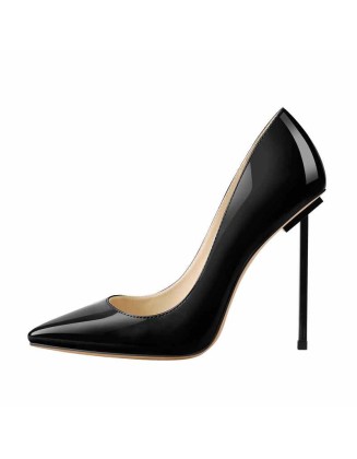 Patent Black Leather Pointed Toe Metal Heels Pumps