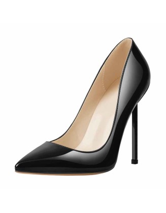 Patent Black Leather Pointed Toe Metal Heels Pumps
