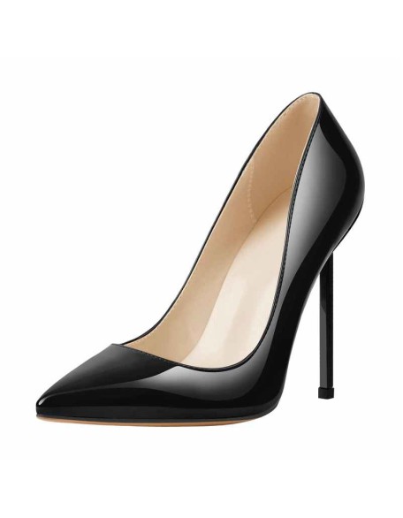 Patent Black Leather Pointed Toe Metal Heels Pumps