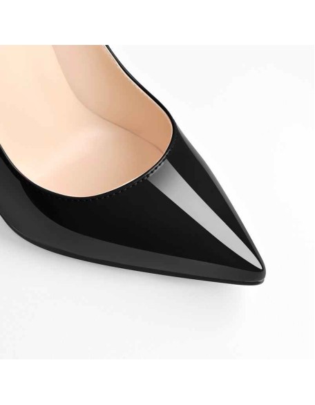 Patent Black Leather Pointed Toe Metal Heels Pumps