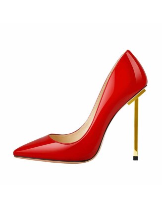 Patent Red Leather Pointed Toe Metal Heels Pumps