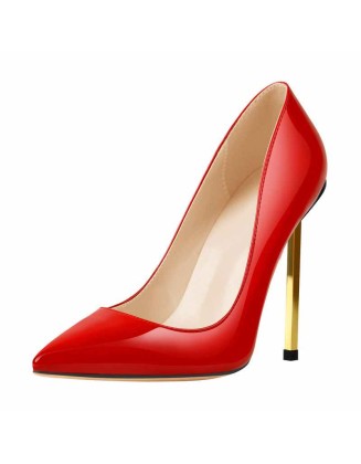 Patent Red Leather Pointed Toe Metal Heels Pumps