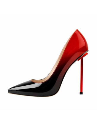 Patent Gradient Black Red Leather Pointed Toe Metal Heels Pumps