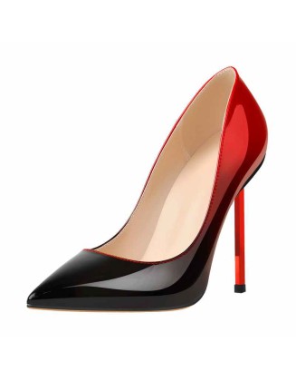 Patent Gradient Black Red Leather Pointed Toe Metal Heels Pumps