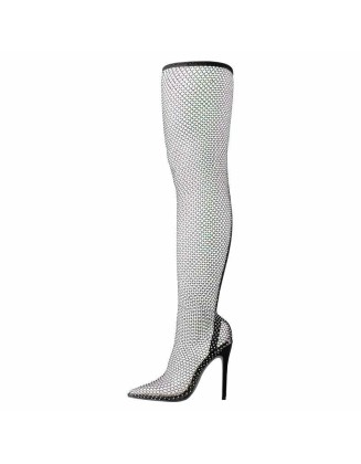 Black Grid Rhinestone Knee High Pointed Toe Stiletto Boots Sandals