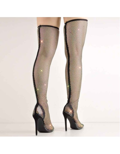 Black Grid Rhinestone Knee High Pointed Toe Stiletto Boots Sandals