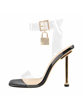 Clear Band Square Toe Rhinestone Lock High Metal Heels Sandals