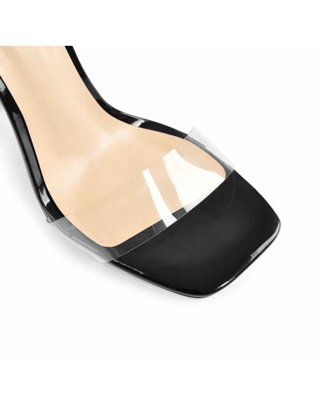 Clear Band Square Toe Rhinestone Lock High Metal Heels Sandals