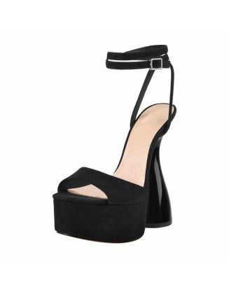 Black Suede Platform Ankle Strap High Heel Sandals