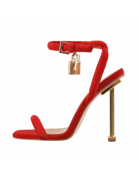 Red Suede Ankle Strap Square Toe Stilettos Metal Heel Sandals