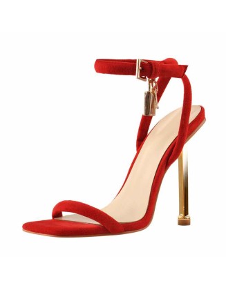 Red Suede Ankle Strap Square Toe Stilettos Metal Heel Sandals