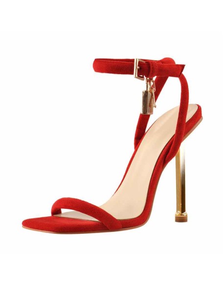 Red Suede Ankle Strap Square Toe Stilettos Metal Heel Sandals