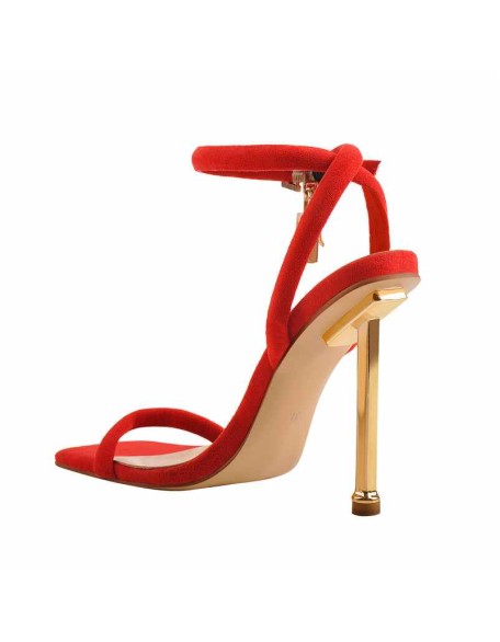 Red Suede Ankle Strap Square Toe Stilettos Metal Heel Sandals