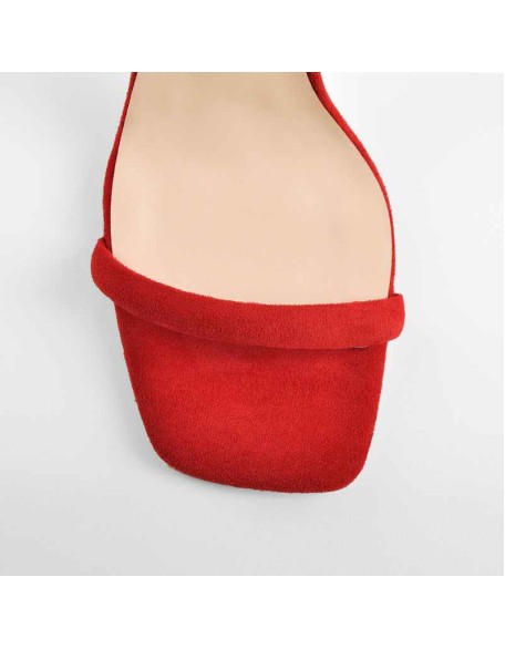 Red Suede Ankle Strap Square Toe Stilettos Metal Heel Sandals