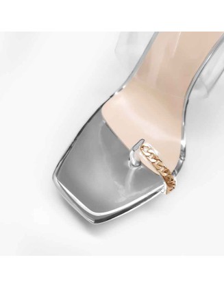 Silver Metal Chain Clear Chunky High Heel Sandals